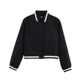 Detail view of black women's varsity jacket with white contrast stripes and snap buttons - S / Black