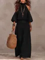 Schickes schwarzes Boho-Set mit schulterfreiem Puffärmel-Oberteil und weiter Hose für Damen - Schwarz