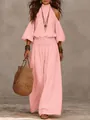 Elegante completo boho due pezzi con top rosa spalle scoperte e pantaloni a gamba larga - Taglia S / Top E Pantaloni / Rosa