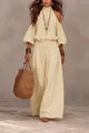Elegante set due pezzi in lino beige con top con spalle scoperte e pantaloni larghi - Taglia S / Top E Pantaloni / Albicocca