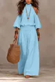 Elegante completo due pezzi azzurro con top halter a spalle scoperte e pantaloni larghi. - Taglia S / Top E Pantaloni / Azzurro