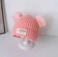 Soft pink baby knitted beanie with cute fluffy pom-pom bear ears for cozy winter warmth - One Size / Korean Text Double Pom / Pink