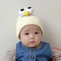 Adorable baby knitted beanie hat featuring cartoon big eyes decoration in cream white - One Size / Angry Birds Style / Off White