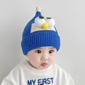 Cute blue baby winter knitted beanie with cartoon eyes and yellow pom nose for infants - One Size / Angry Birds Style / Blue