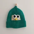 Green knitted baby winter beanie with cute cartoon eyes and yellow beak decoration - One Size / Angry Birds Style / Green