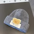 Soft gray baby winter knitted beanie hat featuring a cute yellow plush bear patch detail - One Size / Luck Bear Style / Gray
