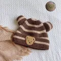 Cozy brown and beige striped baby knitted beanie with cute bear ears and patch - One Size / Striped Bear Kids / Coffee
