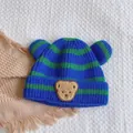 Blue and green striped baby knit hat featuring bear ears and a cute teddy patch - One Size / Striped Bear Kids / Blue