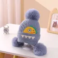 Blue baby knitted earflap hat with cartoon dinosaur design and pom-poms. - One Size / Triple Pom Whale Style / Blue