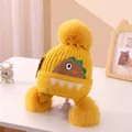 Yellow baby winter knit hat with ear flaps and cute dinosaur pattern pom-poms - One Size / Triple Pom Whale Style / Yellow