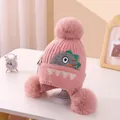 Soft pink knitted baby winter hat featuring a dinosaur design and plush pom-poms. - One Size / Triple Pom Whale Style / Pink