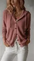Women's casual dusty pink hooded knitted cardigan with buttons in a loose fit style - Pink