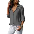 Elegant dark grey deep V-neck button-down long sleeve shirt for women's casual wear - M / Tops / Gray