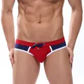 Quick-dry men's red and navy blue swim briefs with a white trim and drawstring detail - M / Bottoms / Red