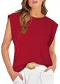 Women's red sleeveless loose fit t-shirt featuring padded cap sleeves on a model. - Burgundy