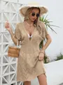 Sexy deep V neck hollow knit beach cover-up dress for women summer holiday fashion - S / Top And Bottom / Khaki