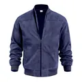 Front view of premium navy blue faux suede bomber jacket with stand collar and metal zipper - S / Tops / Navy Blue