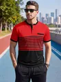 Hombre luciendo un polo de manga corta a rayas rojas y negras en un parque urbano. - S / Tops / Rojo