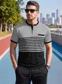 Polo estiva da uomo a maniche corte con strisce, design color-block e scollo Henley - Grigio chiaro