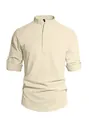 Men's breathable linen Henley shirt in beige featuring rolled-up long sleeves and three buttons - Khaki