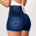 Short en jean extensible à taille haute avec ourlet effiloché pour un look ajusté - S / Bas / Bleu foncé