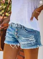 High-waist distressed denim shorts with button fly and fringe hem details - S / Bottoms / Light Blue
