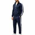 Navy blue men's sports tracksuit set with white side stripes and stand collar jacket - S / Top And Bottom / Navy Blue