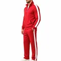 Men's casual red two-piece tracksuit set with white side stripes and stand collar - S / Top And Bottom / Red