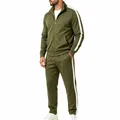 Men's olive green two-piece tracksuit set with white side stripes and stand collar - Army Green