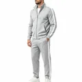 Men's grey tracksuit set with white side stripes and stand collar athletic wear - Light Gray