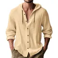 Casual beige cotton linen hooded long sleeve shirt for men with button down design - Apricot