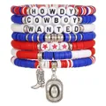 Western cowboy themed multi-layer polymer clay beaded bracelet set with boot and hat charms - Red White Blue Cowboy Style (SY0959-1)