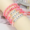 Handmade pink polymer clay beaded bracelet set featuring FOR GOOD WICKED letter beads - Pink FOR GOOD Style (SY1077-1)