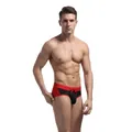 Men's low-waisted swimming trunks with red and black color block and drawstring - S / Bottoms / Black Red