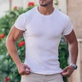 Men's summer slim fit white ribbed T-shirt with vertical stripes and crew neck - S / Tops / White