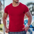Stylish men's red ribbed short-sleeve crew neck T-shirt featuring vertical stripes - S / Tops / Red
