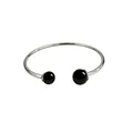 Minimalist silver stainless steel open bangle with two round black bead accents - Black Agate Style / Steel