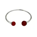Polished silver stainless steel open bangle featuring two round red agate beads - Red Agate Style / Steel
