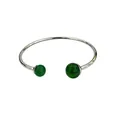Silver stainless steel cuff bracelet featuring two round dark green gemstone beads - Green Agate Style / Steel