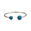 Minimalist silver stainless steel open cuff bracelet with blue marbled turquoise beads - Turquoise / Steel