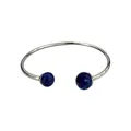 Silver stainless steel open cuff bracelet featuring two round blue lapis stones. - Lapis Lazuli / Steel