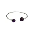 Silver-toned stainless steel open cuff bangle with two round purple gemstone beads - Amethyst Style / Steel
