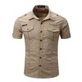 Vista frontal camisa militar de hombre manga corta en algodón caqui con charreteras - S / Tops / Caqui