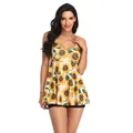 Detailed front view of women's two-piece tankini swimsuit with bright sunflower print - Sunflower