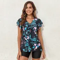 Floral print two-piece tankini swimsuit set with ruffled sleeves and black boy shorts - S / Top And Bottom / Black