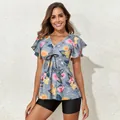 Front view of floral print tankini set with ruffled sleeves and black shorts on model - S / Top And Bottom / Light Gray