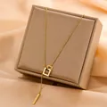 Elegant 18k gold plated titanium steel Y-necklace featuring a geometric square pendant - Double Square Buckle Geometric Y-Chain (8186) / Gold