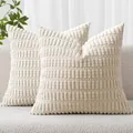 Macro detail of a cream corduroy pillowcase with textured wheat ear striped pattern - 18x18 Inch / Milky White