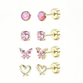 Set van vier gouden roestvrijstalen oorbellen met hart vlinder en roze stenen platte schroefsluiting - Set van 4 Paren / Goud Roze Zirkonia