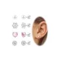 Detailansicht von 4 Paaren Set: Blume, Herz, Perle und Kristallkugel flache Ohrstecker. - 4 Paare Set / Silber 8er-Set